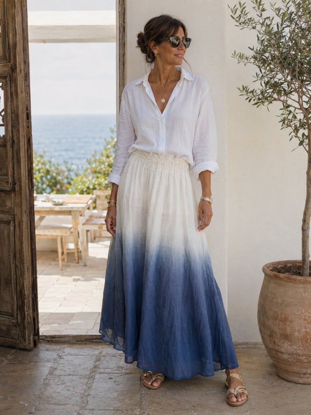 Made in Italy 100% Silk Travel Ready Ombré Maxi Skirt L Coastal Luxury Keysha